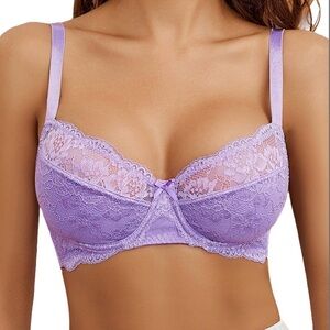 Avidlove Lace Balconette Bra Women XL Lilac Underwire Unlined Mesh Floral